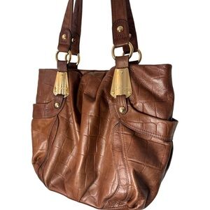 B. MAKOWSKY Brown Leather Slouch Tote Handbag with Leopard Print Lining